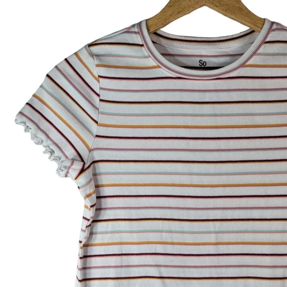 SO Girls Striped Top Multi Size 14 XL Round Neck Curly Lettuce Hem Trim Pullover - Picture 2 of 6